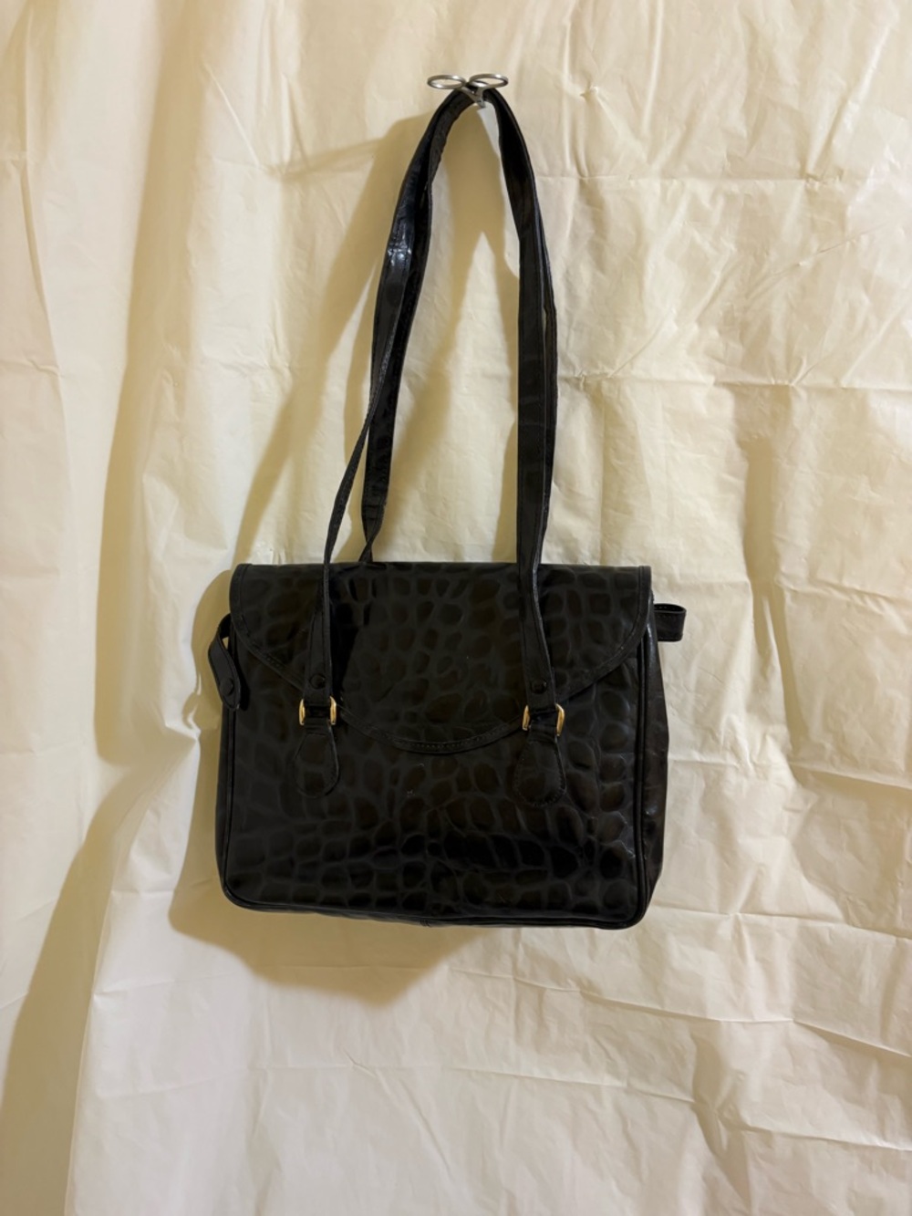 Vintage TANO Black Embossed Leather Shoulder Bag Croc Alligator Style